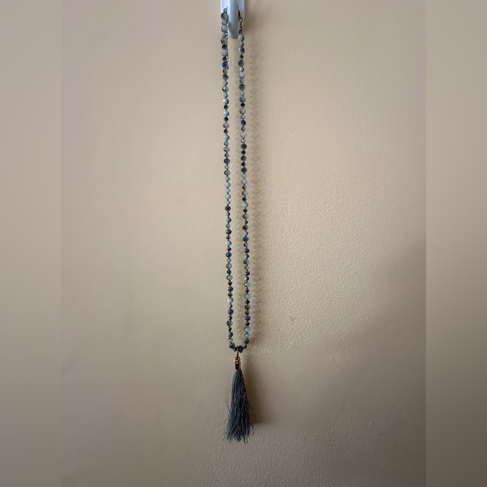 Blue Glass Iridescent Faceted Beaded Necklace w/Tassel Pendant 36 in